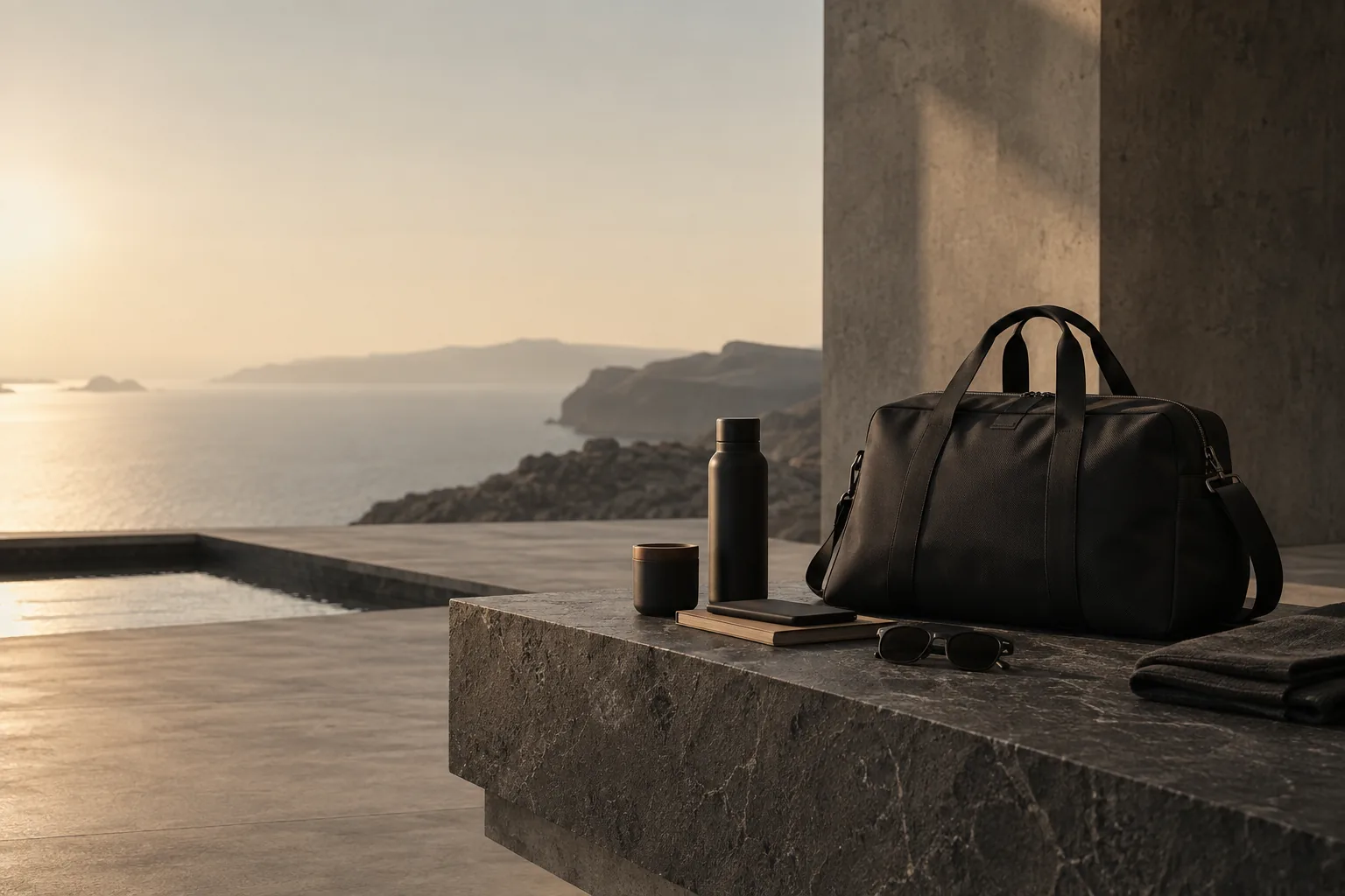 Schwarze Reisetasche und ausgewählte Alltagsbegleiter in einer ruhigen, architektonischen Umgebung
